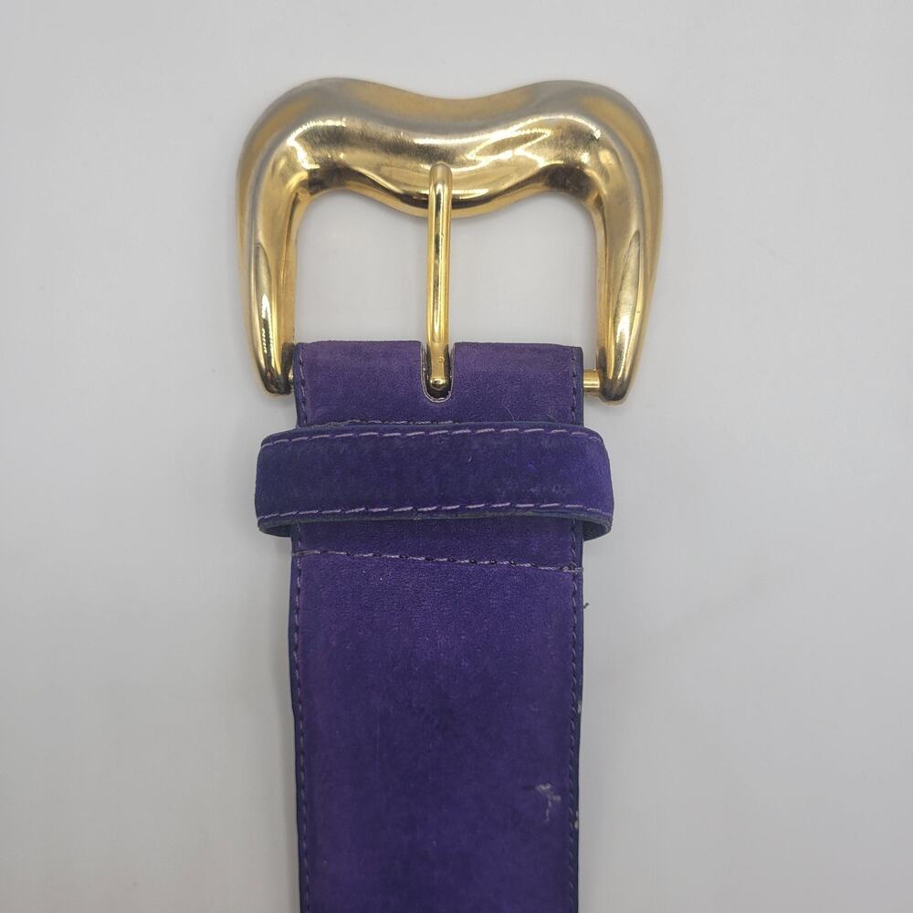 Vintage Purple Suede Leather Belt Small Wide Gold Sculptural Statement Waist 80s - Picture 5 of 8